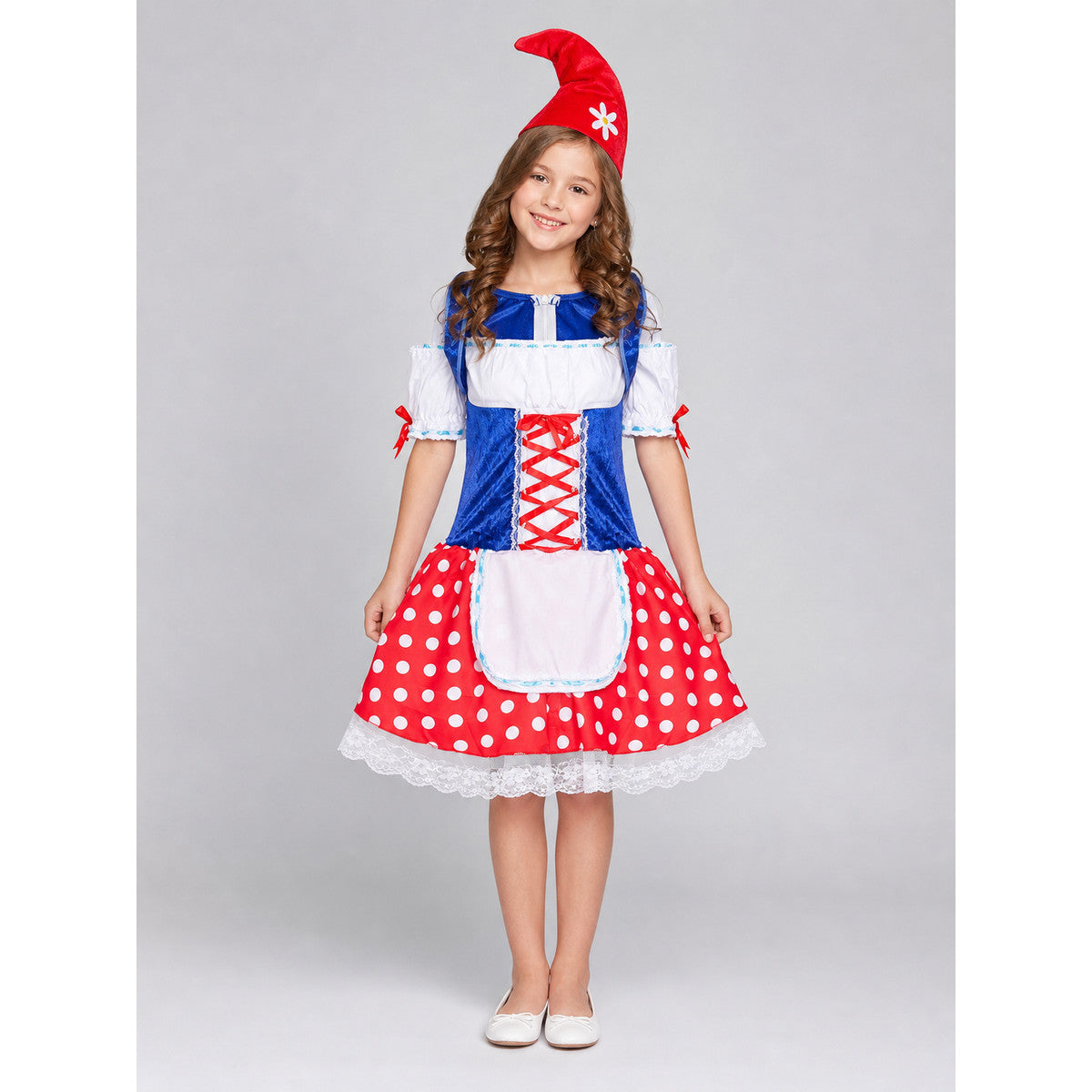 The dress is designed in the style of a German beer festival and is suitable for a themed party, cosplay, or festive outfit. The set includes a dress and a pointed curved hat. The design features a combination of white, red, and blue. The t
