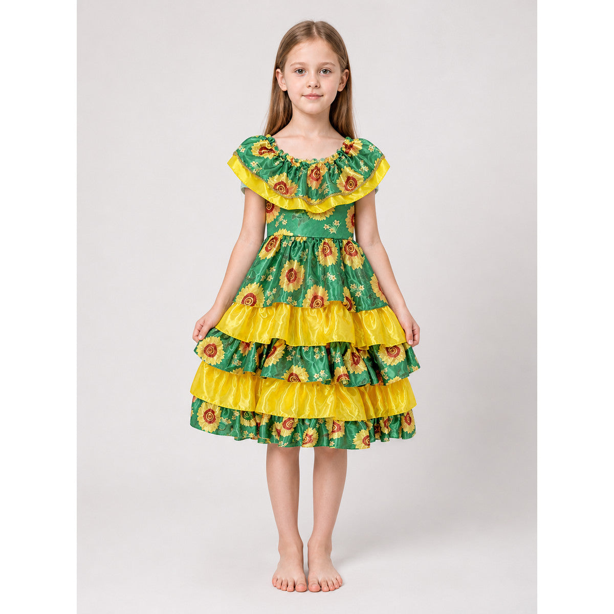Girl's tiered dress with ruffles and flowers