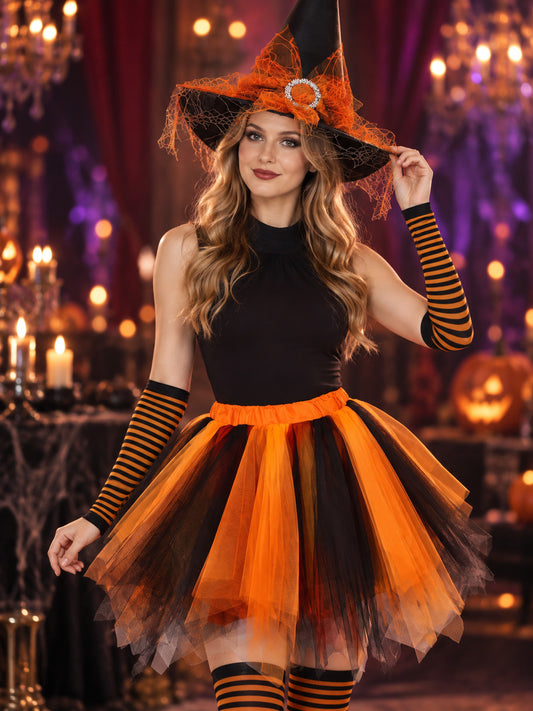 Witch Costume: Orange and Black, Veil Hat, Tutu Skirt