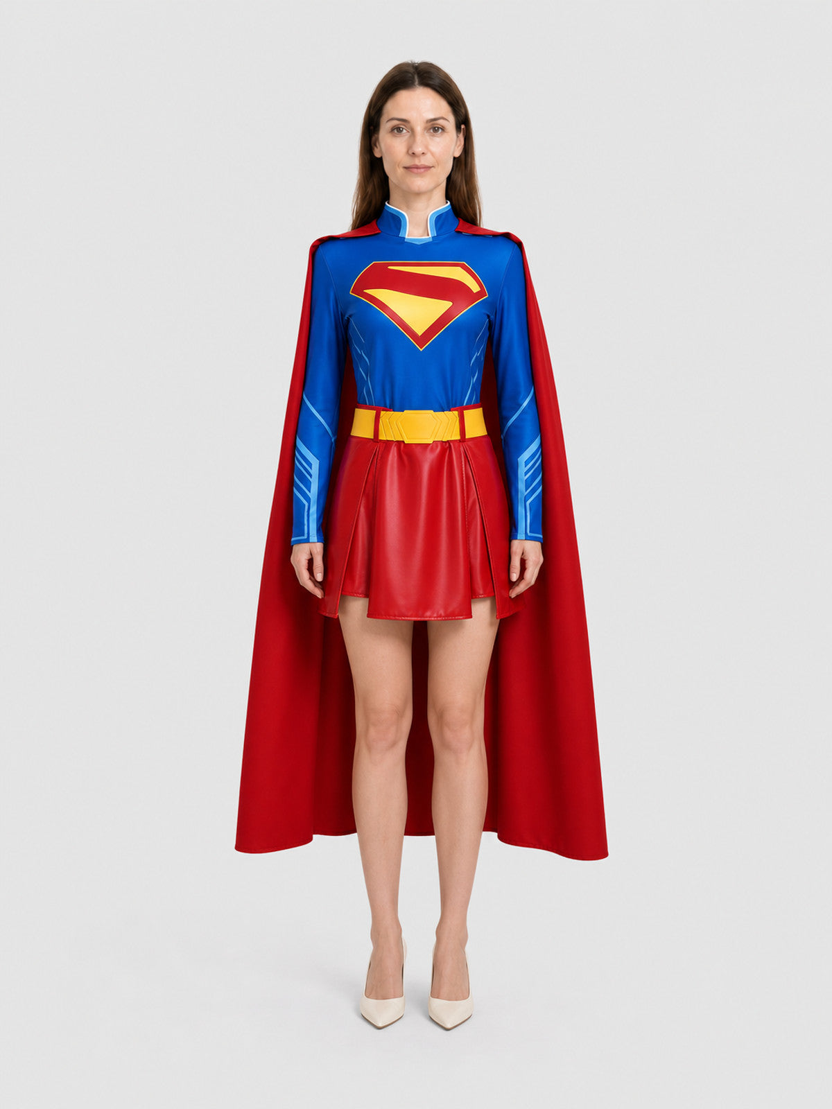 Character Cosplay Costume with Cape, Belt, and Skirt on-model view