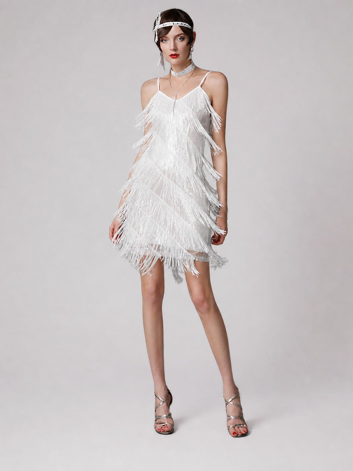White 1920s-Style Fringe Dress for Parties on-model view