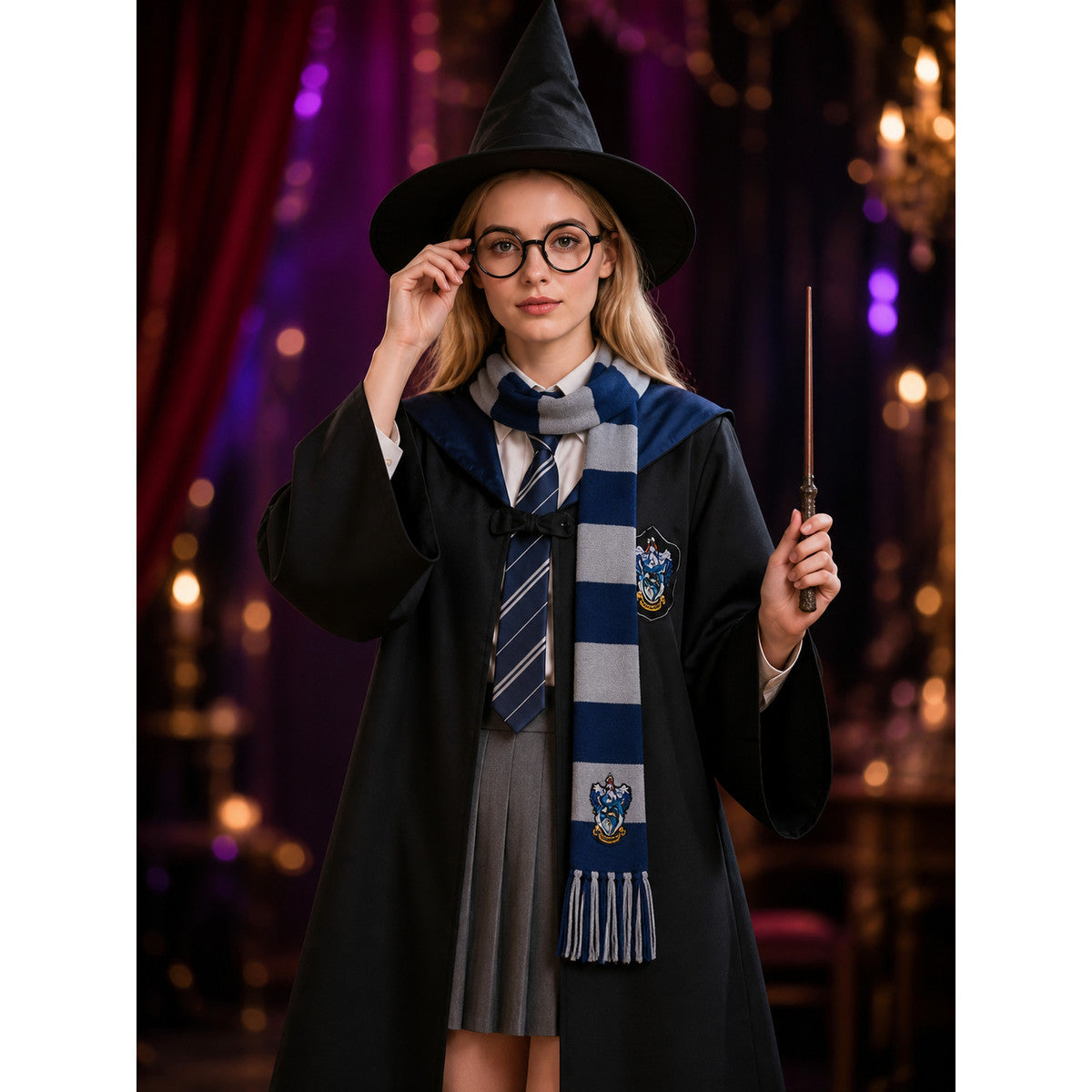 Wizard Robe Costume Set with Hat, Scarf, Glasses and Wand, Halloween Cosplay on-model view