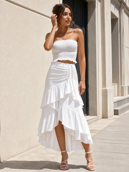 White Asymmetrical Skirt with Tiered Ruffles and Drawstring main product view