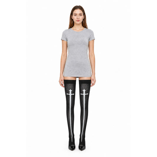 Long Black Knee-High Socks with White Cross, Pair main product view