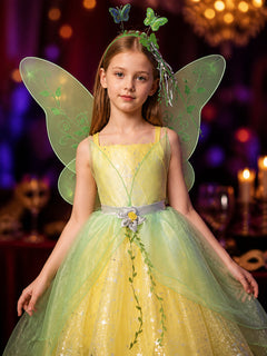 Girls Fairy Princess Costume Dress With Green Wings And Sequined Tulle Skirt