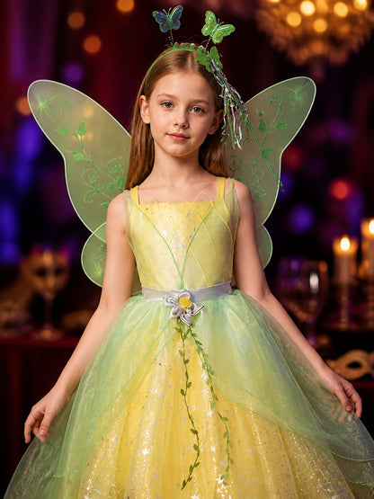 Girls Fairy Princess Costume Dress With Green Wings And Sequined Tulle Skirt on-model view