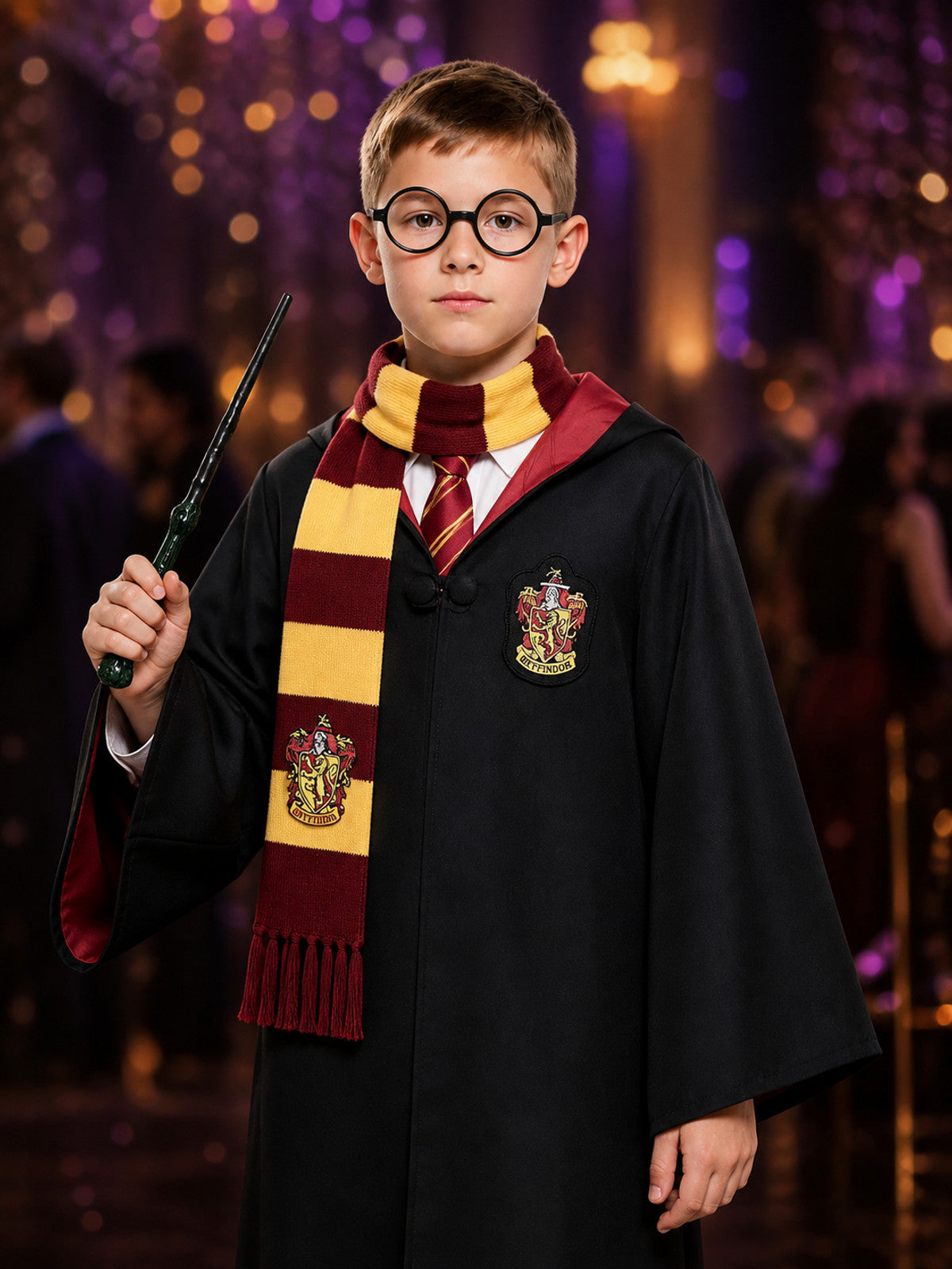 Gryffindor Wizard Costume: Robe, Scarf, Wand, Cosplay on-model view