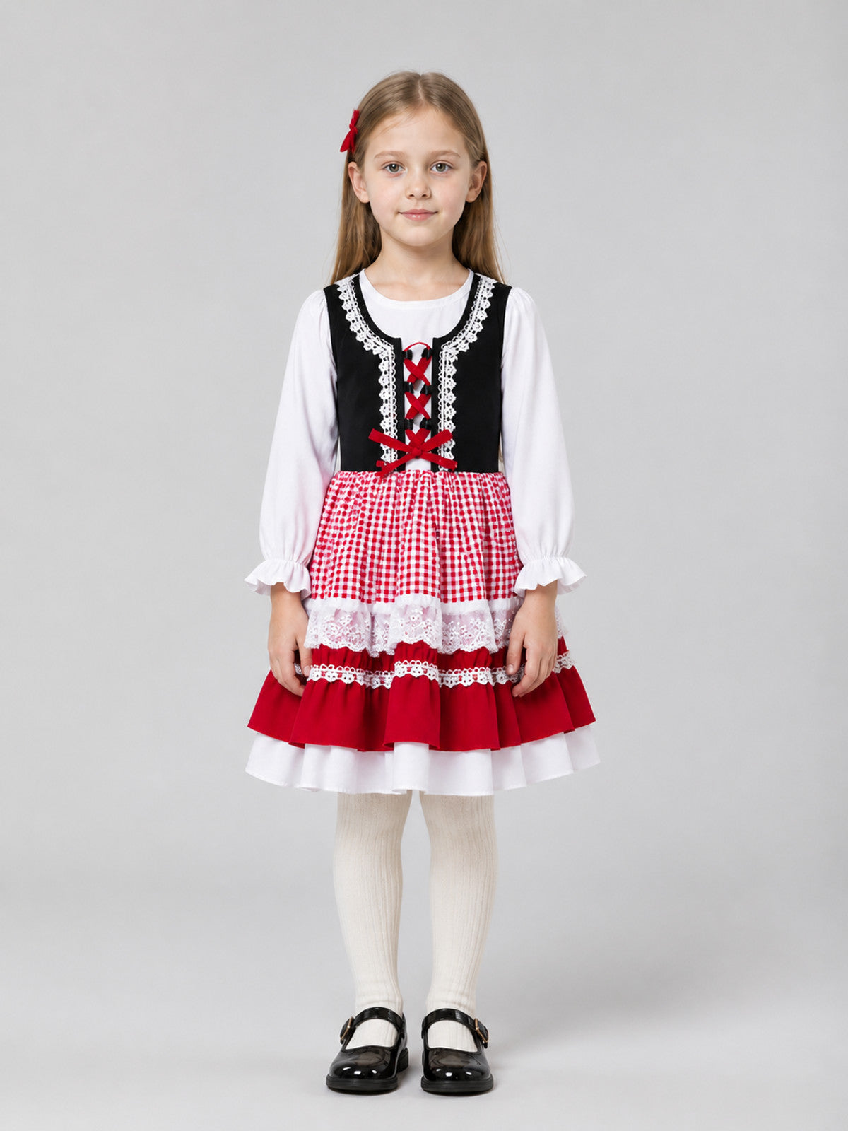 Dressy New Year's Dress with a Plaid Skirt and Lace on-model view