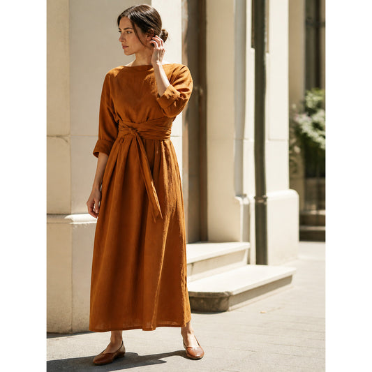 Brown dress with a wide neckline and belt