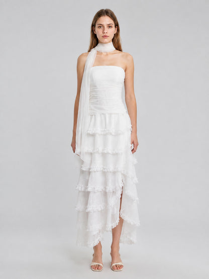 White Chiffon Dress with Corset Bodice on-model view