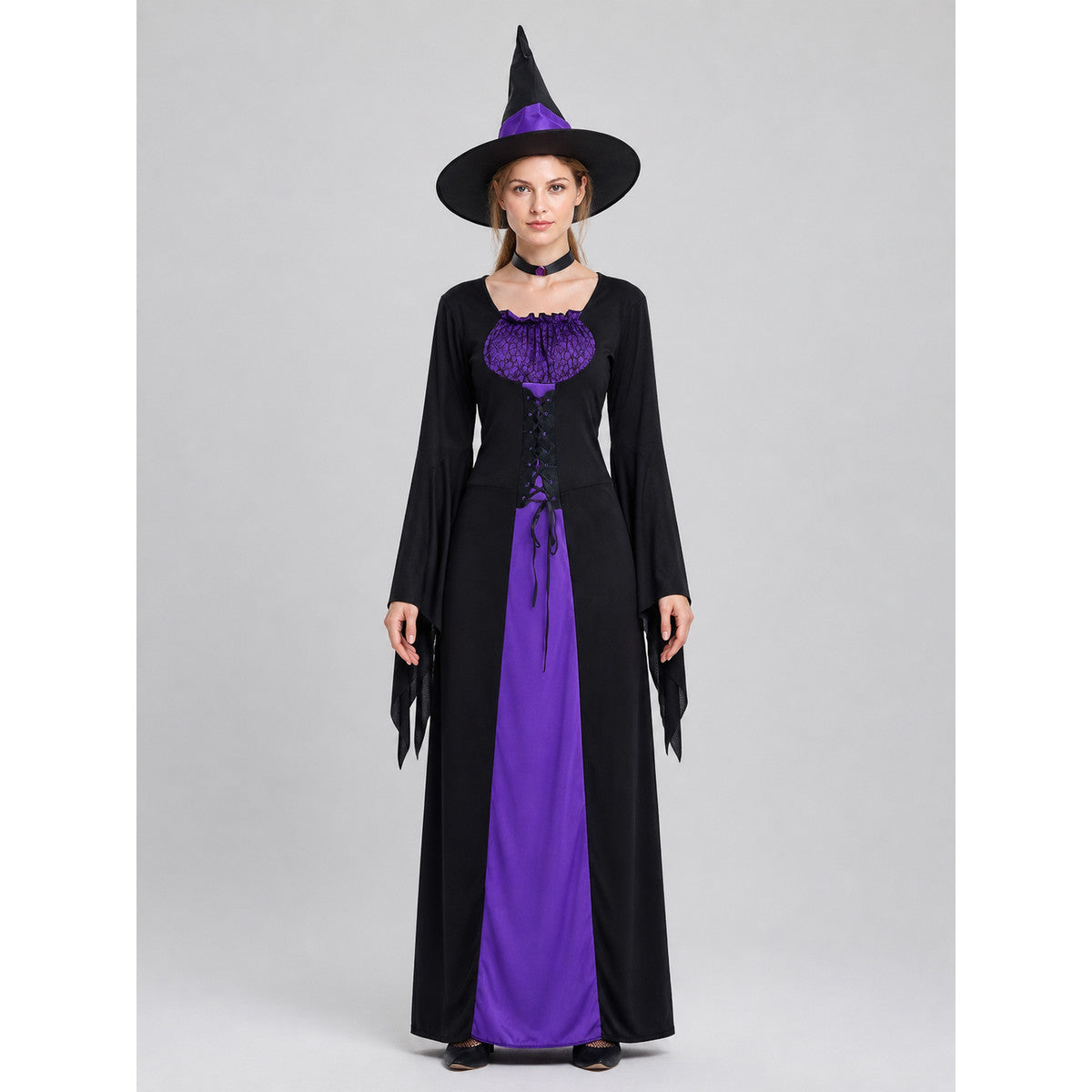 Witch Costume for Halloween: Dress, Hat, Collar on-model view