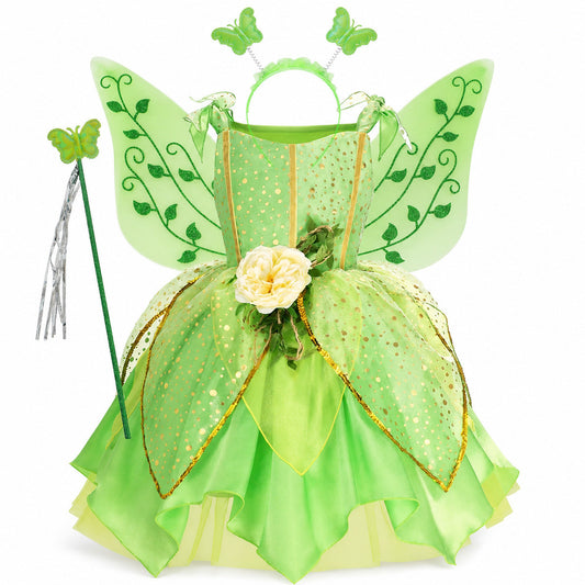 Girls' Green Forest Princess Dresses Fairy Elf Skirt Summer Glitter Mesh Princess Skirt Kid's Role Playing Performance Dress Set - Color:Fairy set 2