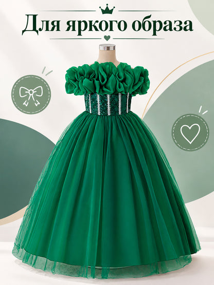 Dark Green Girls' Dressy Dress with Off-the-Shoulder Neckline