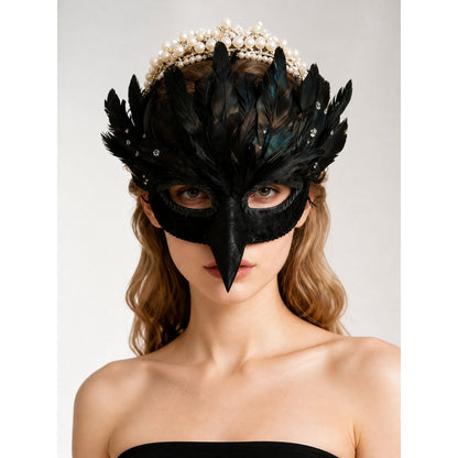 Carnival Headpiece, Raven Mask with Black Feathers main product view