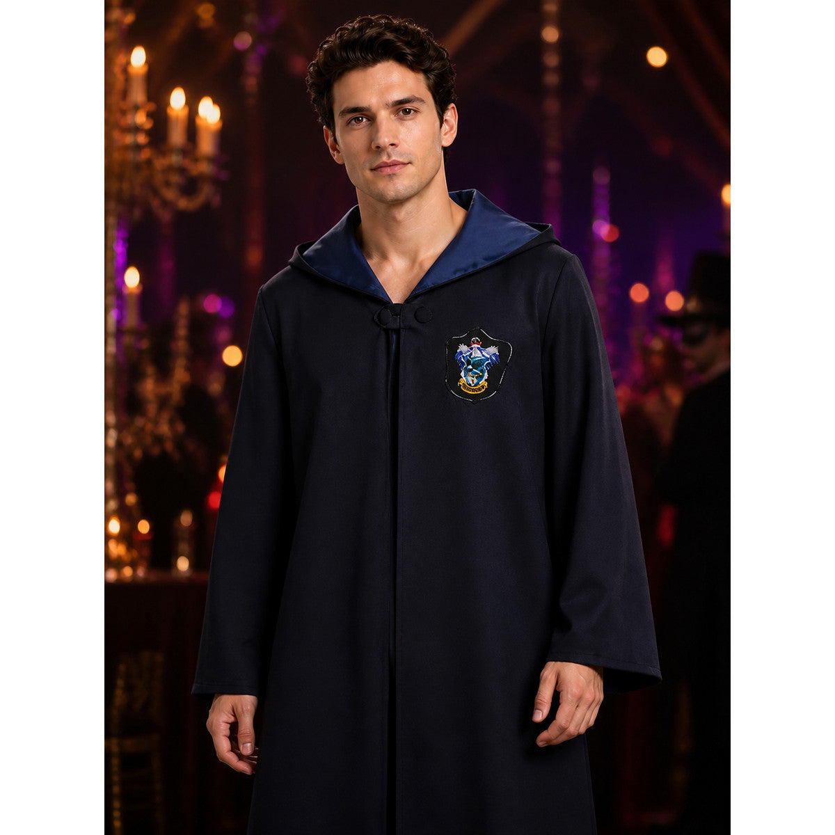 Wizard Academy Long-Sleeve Robe Costume, Dark Blue And Black Halloween Outfit on-model view