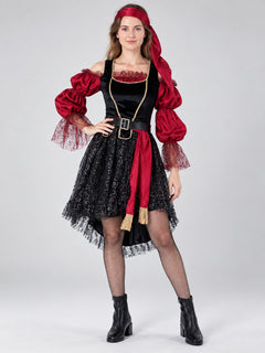 Black & Red Pirate Dress Costume with Head Scarf, Fringed Sash & Buckle Belt