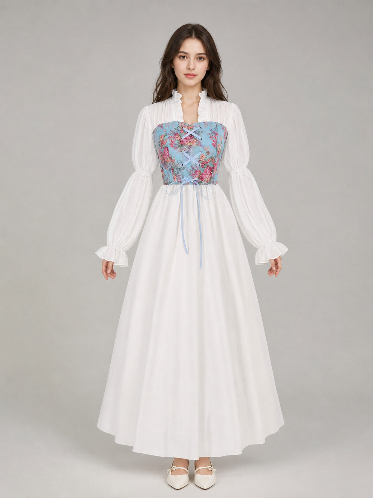 Retro Long-Sleeve Lace-Up Dress front view