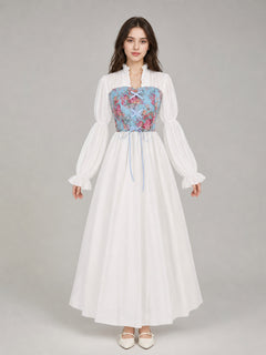Women's Retro Medieval Lace-Up Dress – Blue Floral Corset Bodice, Sheer Puff Sleeves & Long White Skirt