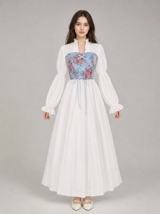 Retro Long-Sleeve Lace-Up Dress front view
