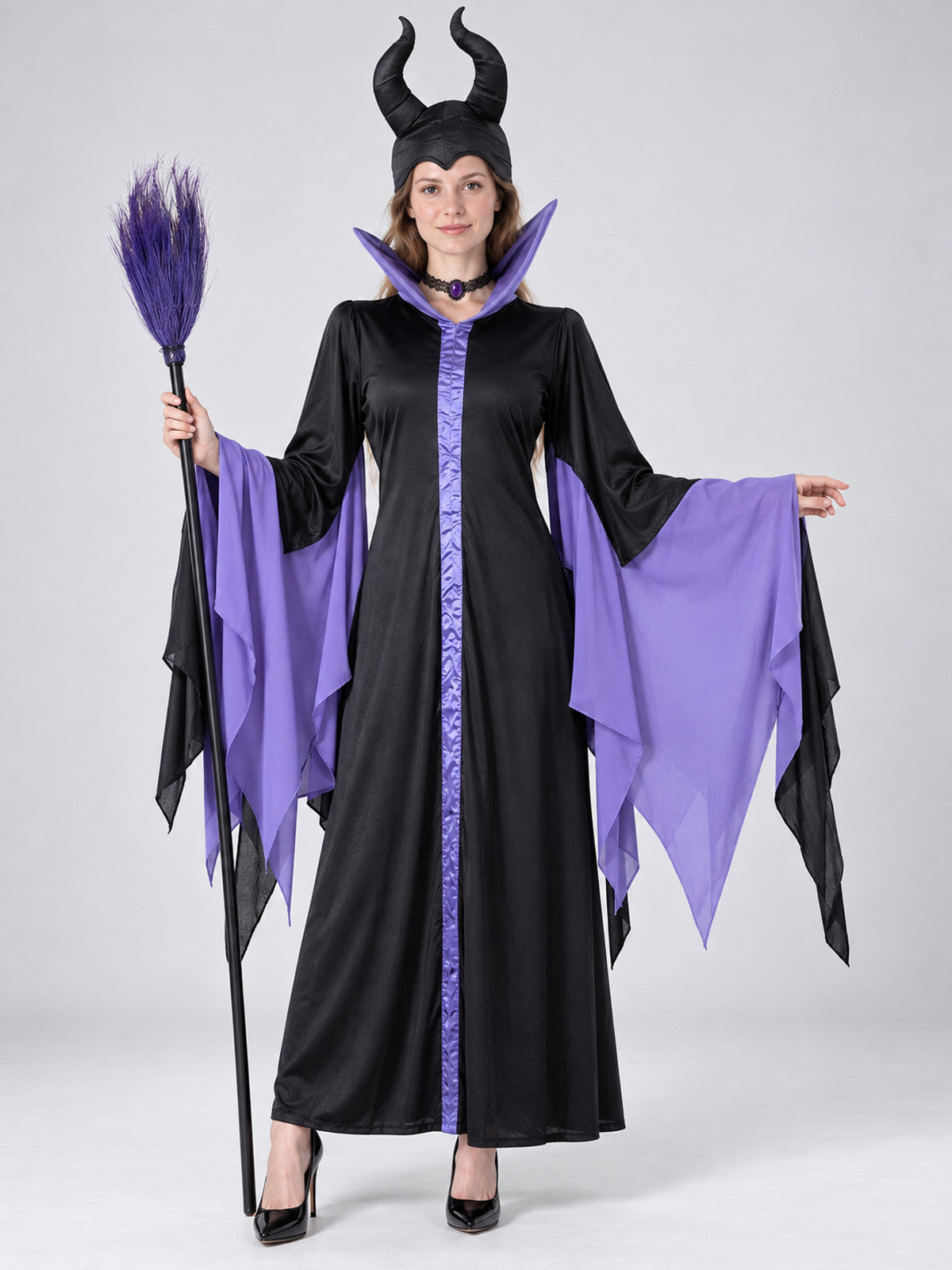 Vampire Halloween Costume with Horns and Broom