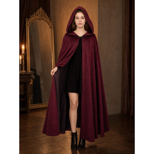 Long burgundy carnival cloak with hood