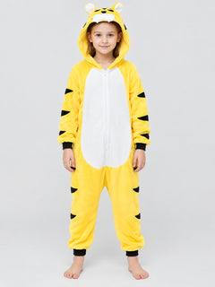 Kids' Yellow Tiger Onesie Pajama Jumpsuit Costume with Hooded Ears and Tail