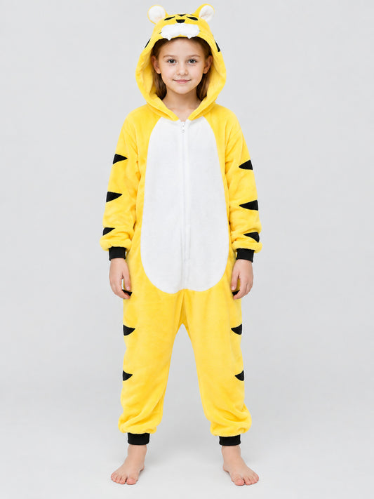 Child wearing the kids' yellow tiger onesie pajama jumpsuit with eared hood, front view