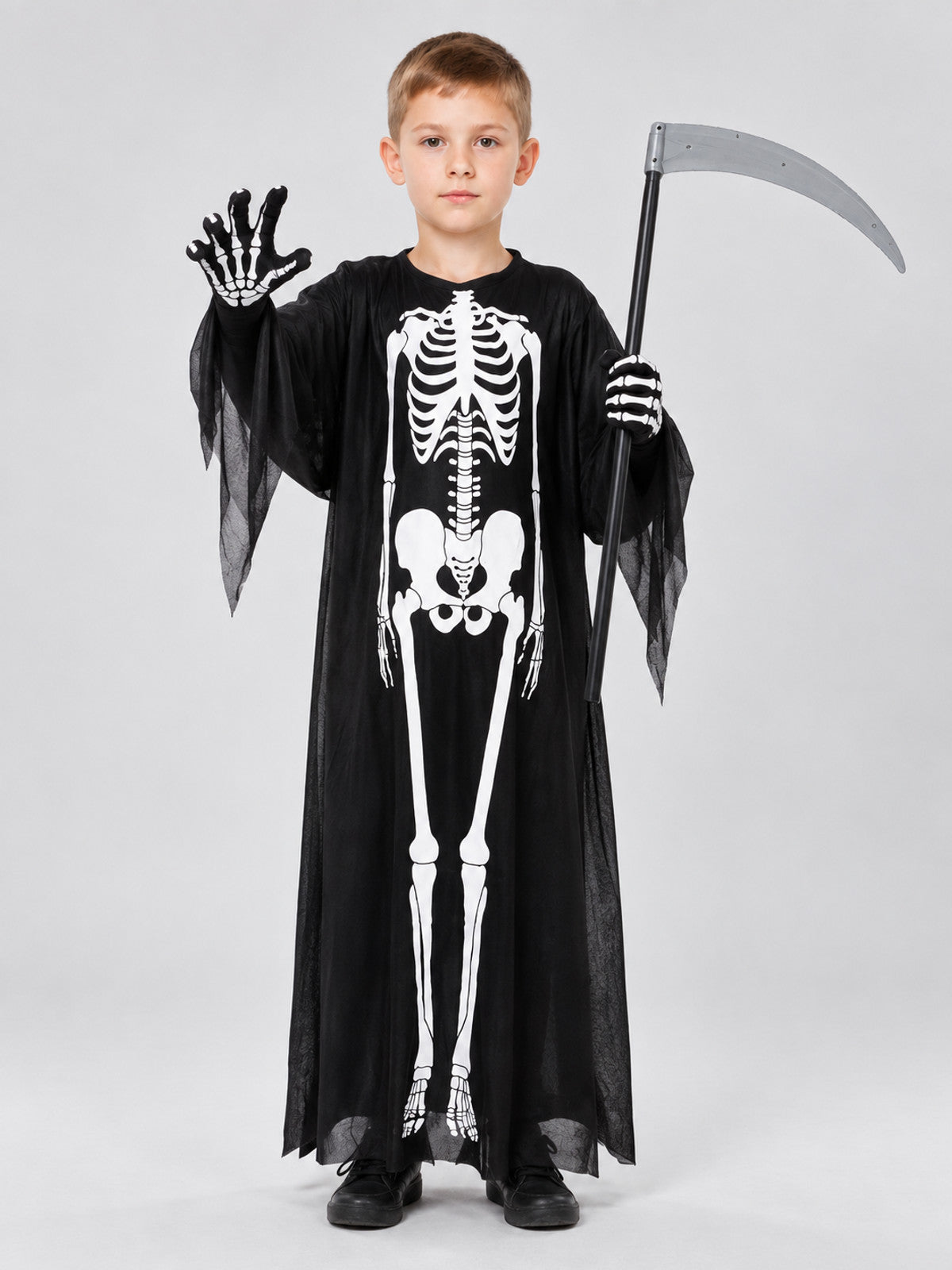 Skeleton costume with robe, mask, and gloves