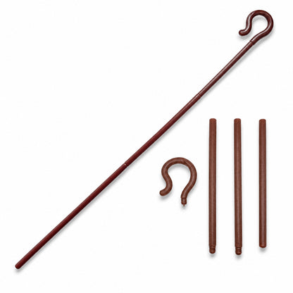 Segmented dark brown hook cane shown disassembled on a white background, with three shaft sections and a separate curved handle