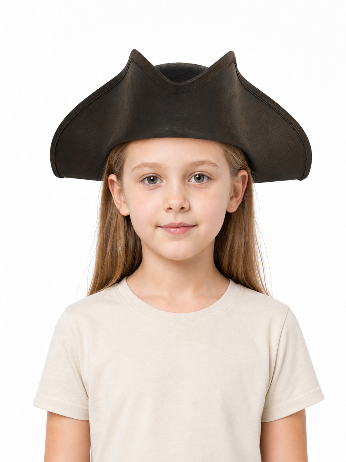 Dark brown tricorn pirate hat with curved brim and pointed crown, shown on a child in a front-facing portrait