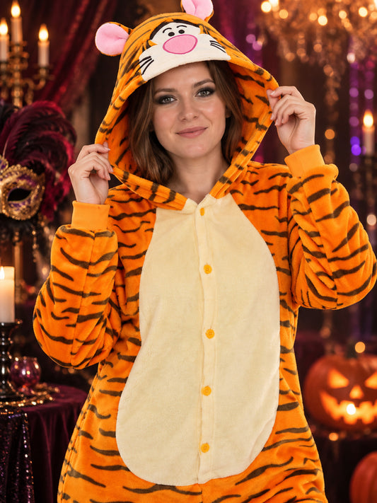 Hooded One-Piece Pajamas with Tiger Stripes