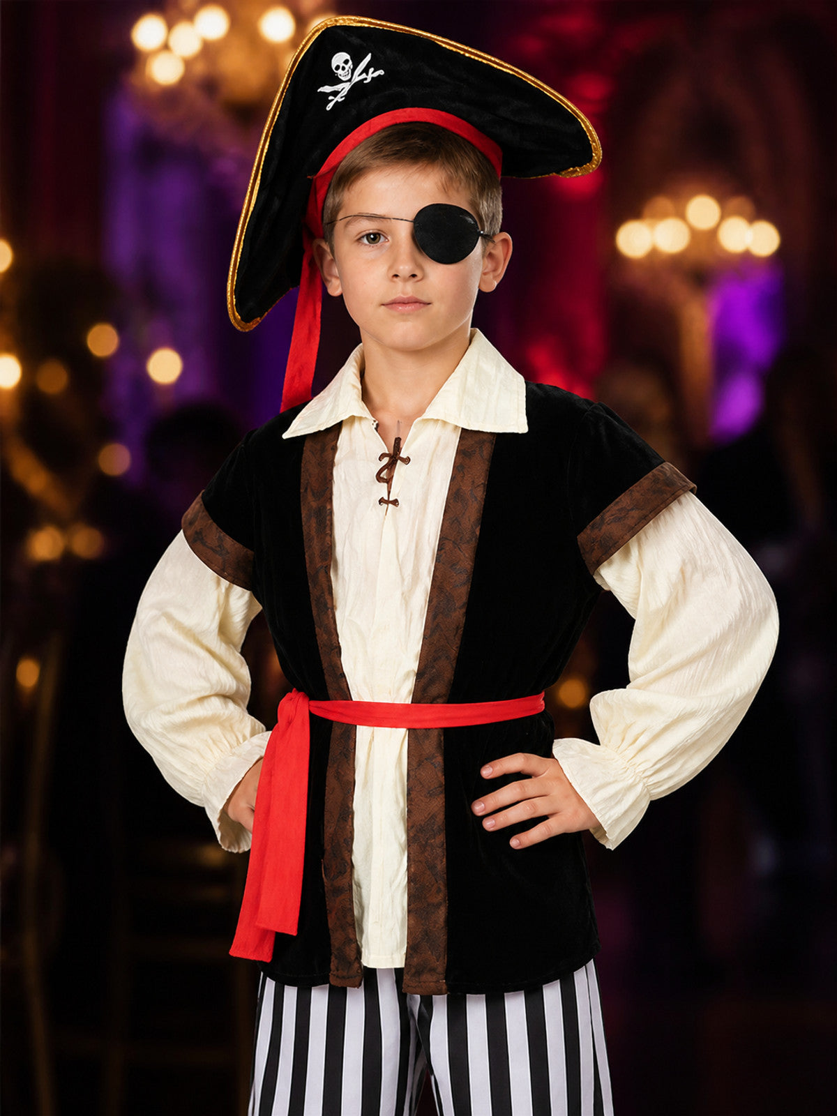 Kids Pirate Costume Set with Hat, Eye Patch, Striped Pants & Skull Print Top on-model view