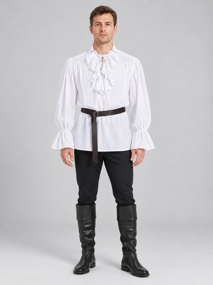 White shirt with jabot, ruffles and long sleeves, with belt