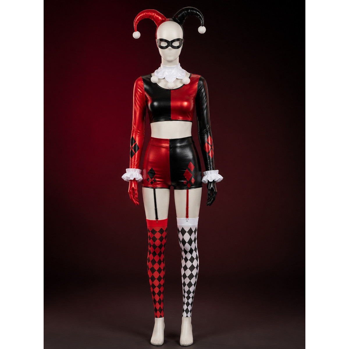 Women's Clown Circus Costume Set - Red Black Harlequin Outfit with Hat, Gloves & main product view