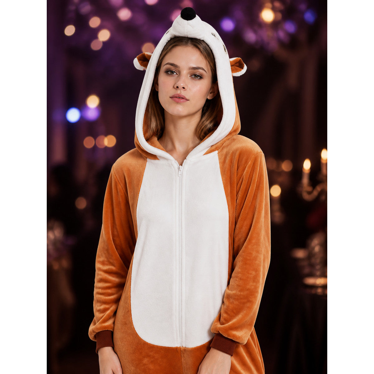 Orange And White Hooded Cartoon Animal Jumpsuit Costume With Tail on-model view