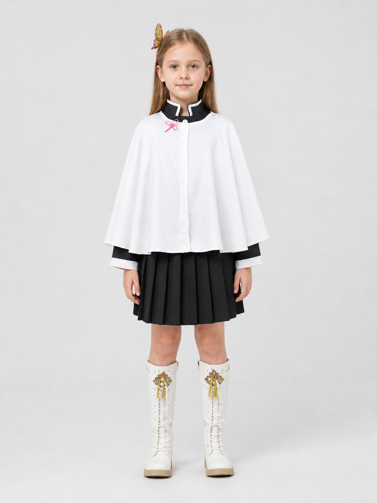 Shinobu Kocho Butterfly Cosplay Cape, Anime, with Headwear on-model view