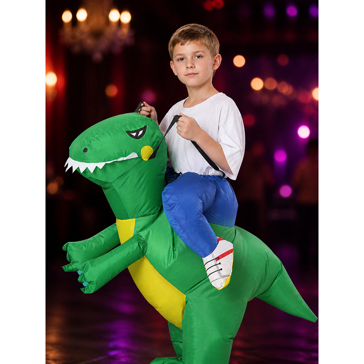 Kids Inflatable Dinosaur Costume With Yellow Belly And White Teeth on-model view