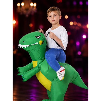 Kids Inflatable Dinosaur Costume With Yellow Belly And White Teeth on-model view
