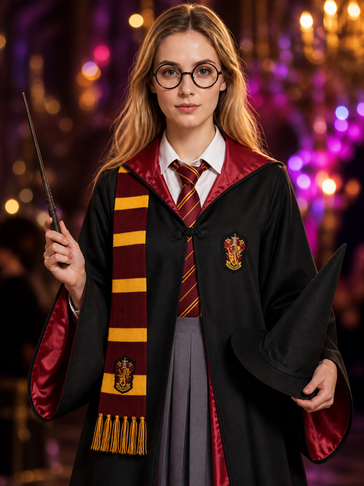 Wizard Costume Set With Hooded Robe, Shirt, Skirt, Hat, Glasses, Tie, Scarf And on-model view