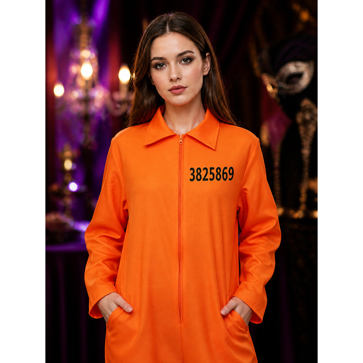 Orange Prisoner Jumpsuit Costume, Collared Zip-Front Long-Sleeve Number-Printed on-model view