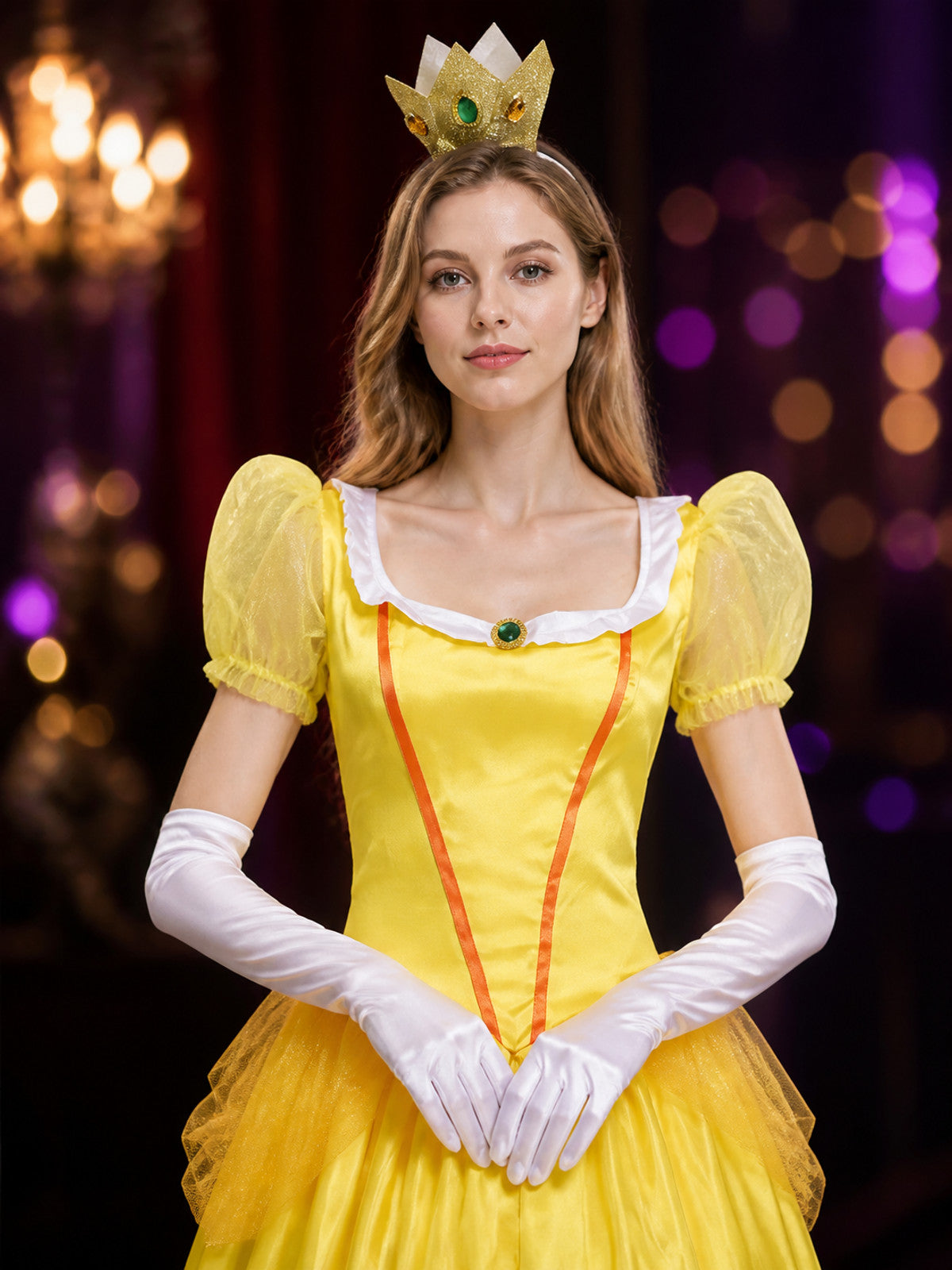 Princess Costume Dress Set with Crown Headpiece and Long Gloves on-model view