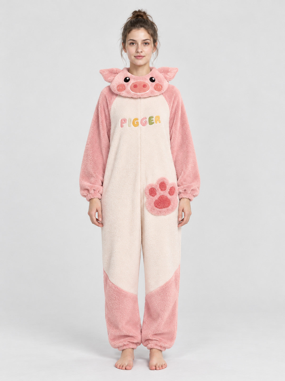 Pink and cream pig-hooded pajama jumpsuit