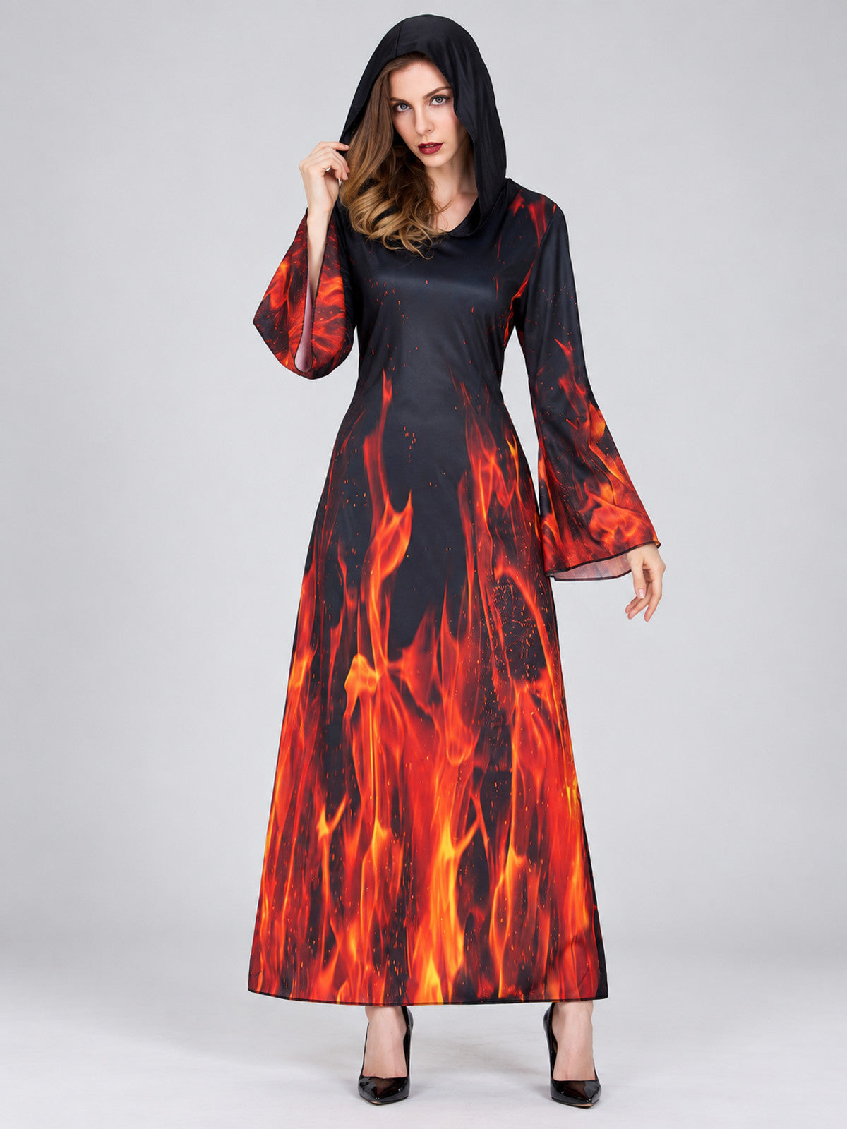 Carnival Dress with Hood, Black with Flame Print