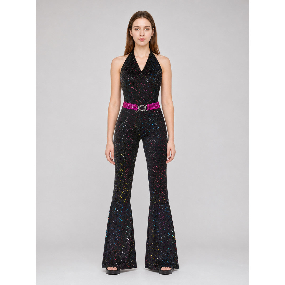 Retro Sequin Jumpsuit with Flared Pants on-model view
