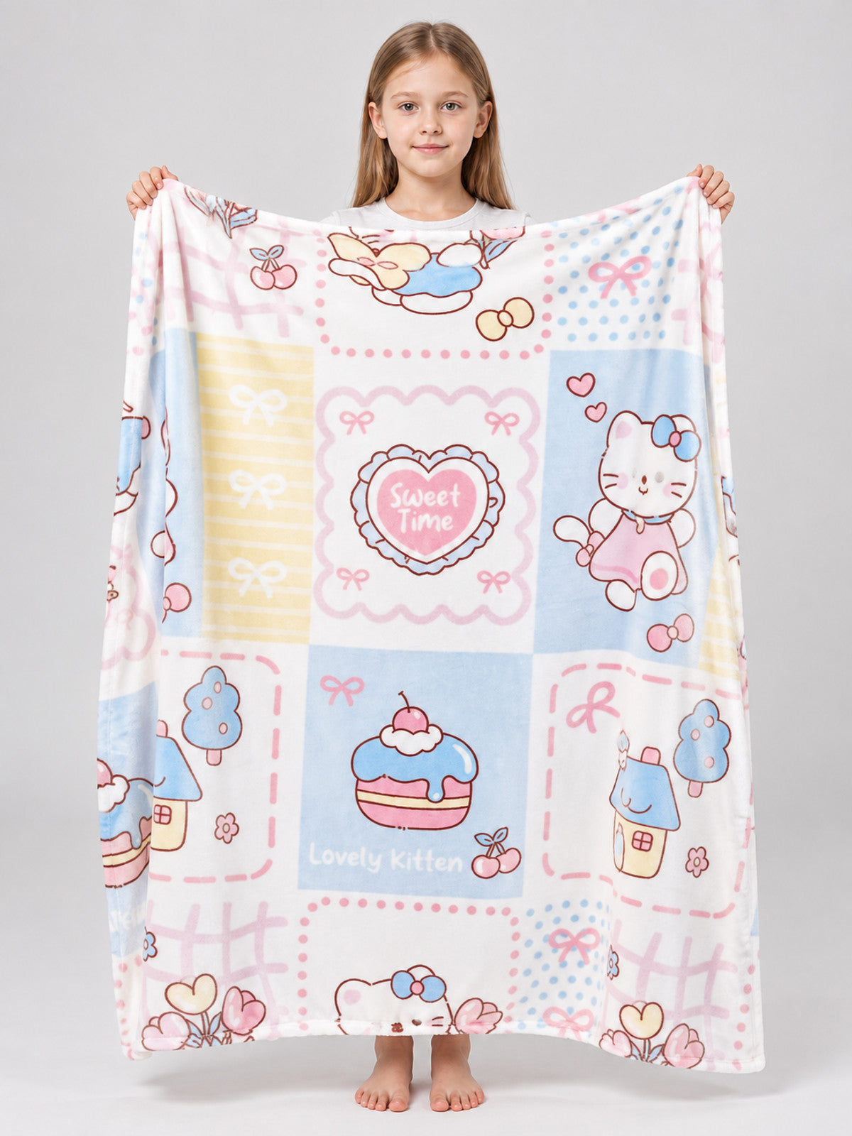 Blanket with Pastel Print and Cartoon Kitten