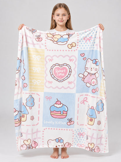 Blanket with Pastel Print and Cartoon Kitten