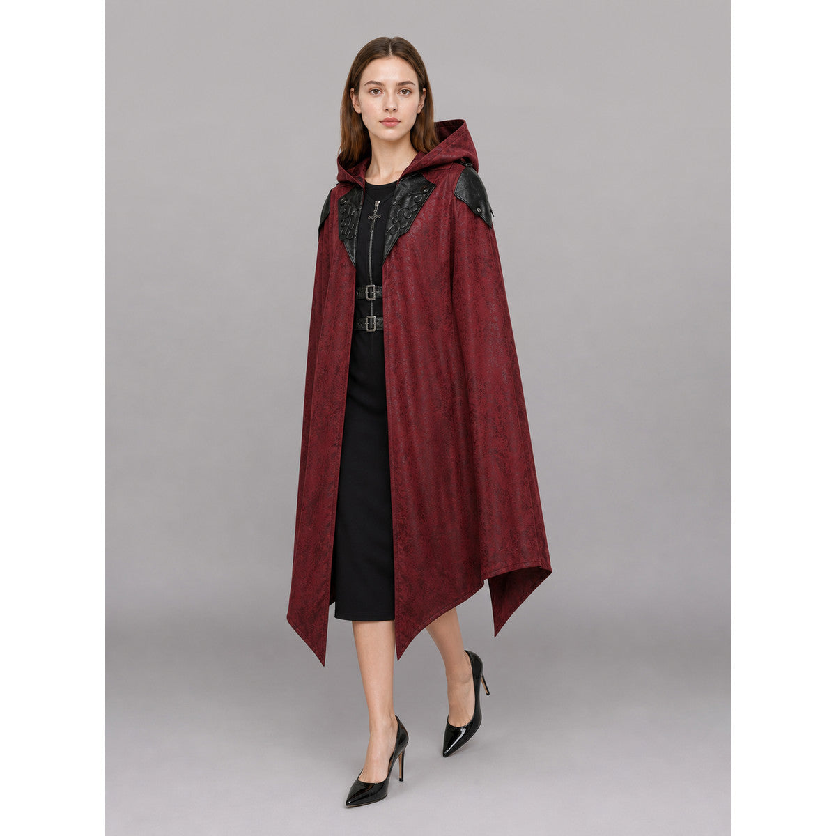 Burgundy Gothic Carnival Cloak with Hood front view