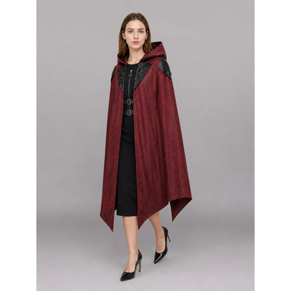 Burgundy Gothic Carnival Cloak with Hood front view