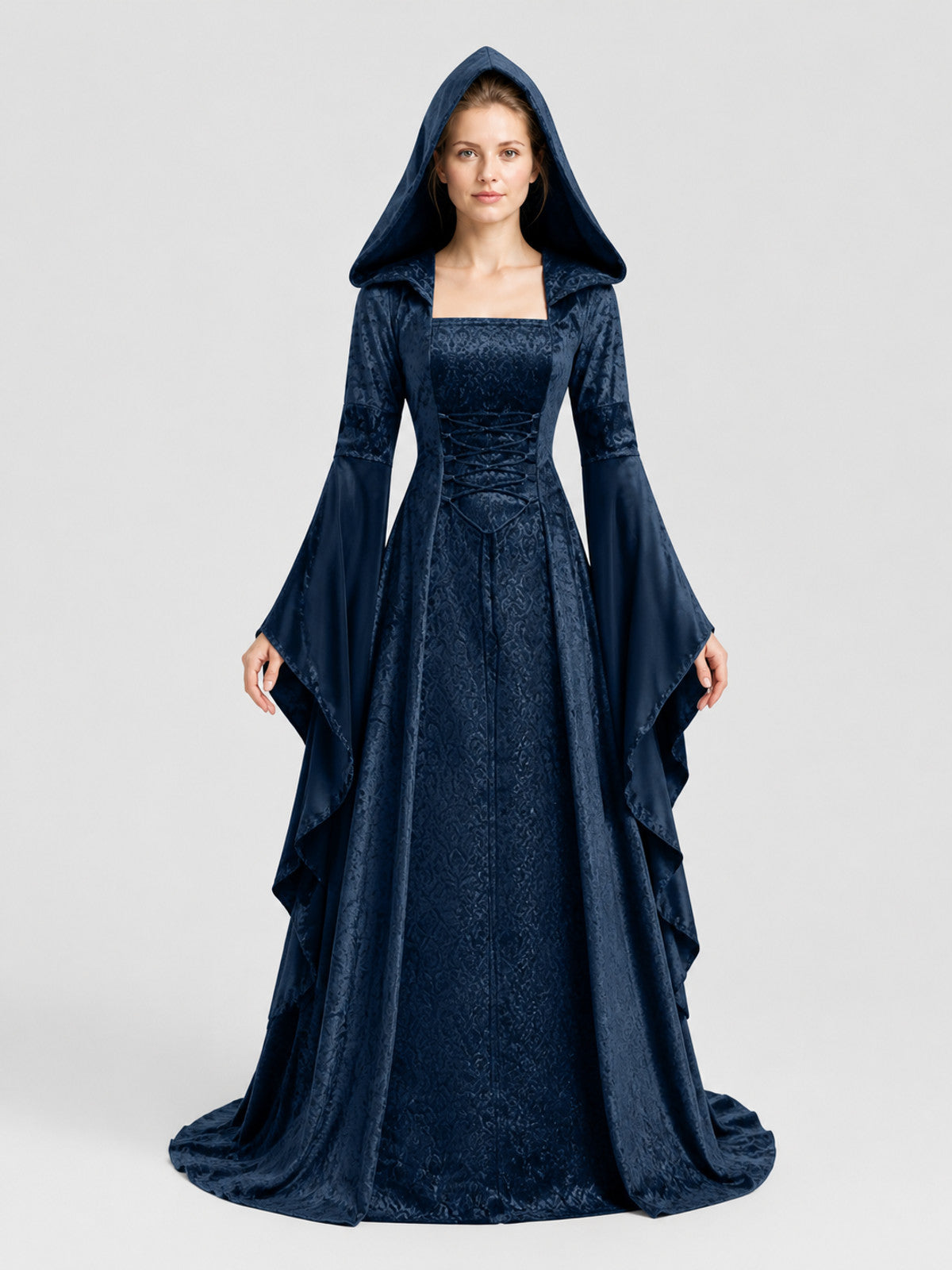 Hooded Dress, Medieval Style, Lace-Up Front on-model view