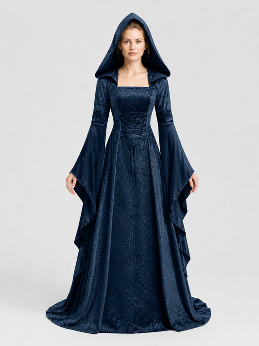 Hooded Dress, Medieval Style, Lace-Up Front on-model view